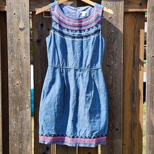 J. Crew Factory Sleeveless Chambray Dress Sz 00 Women's Blue Pockets Embroidered